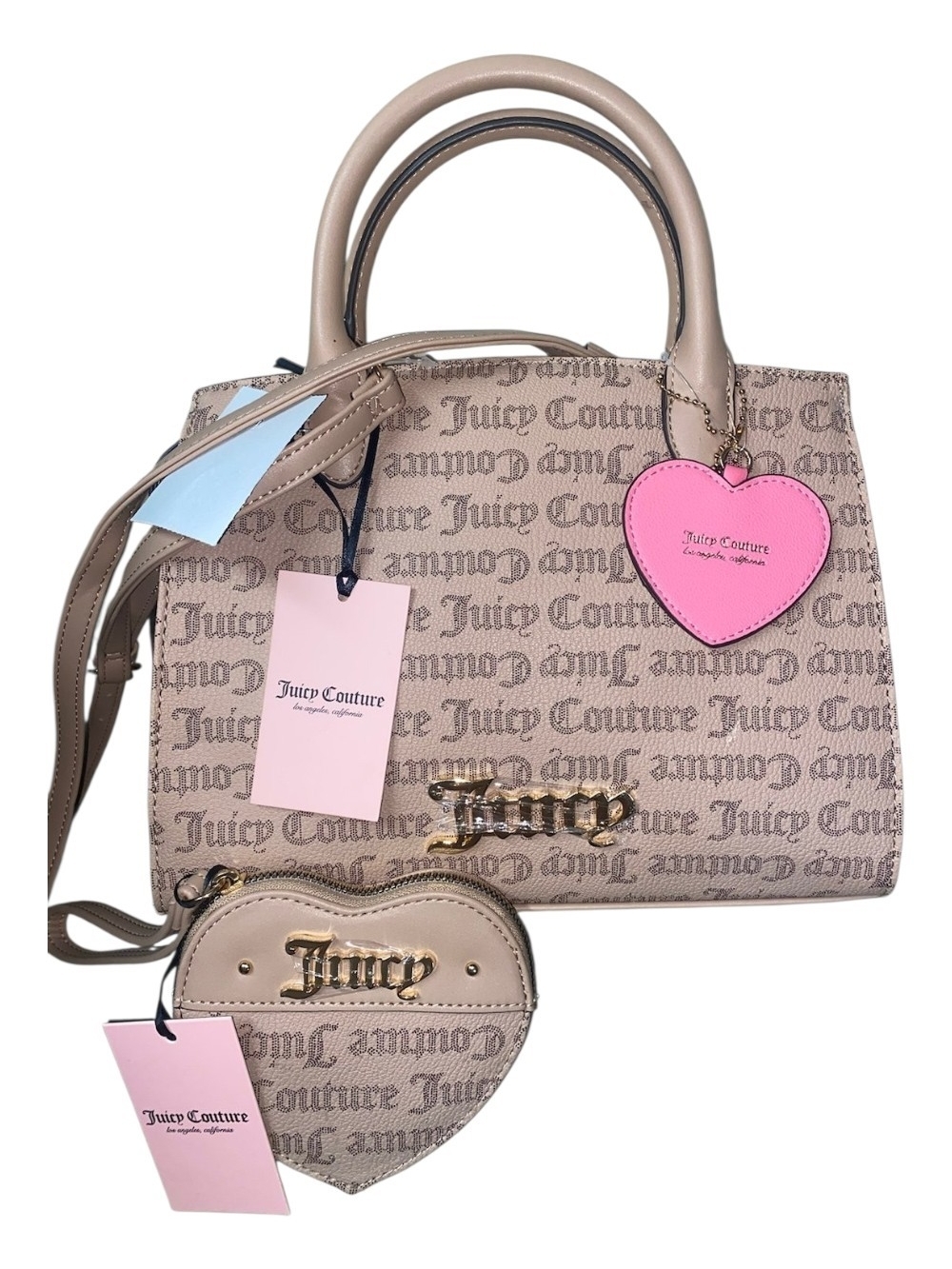 Juicy Couture Beige Monogram Satchel with Pink Heart Charm